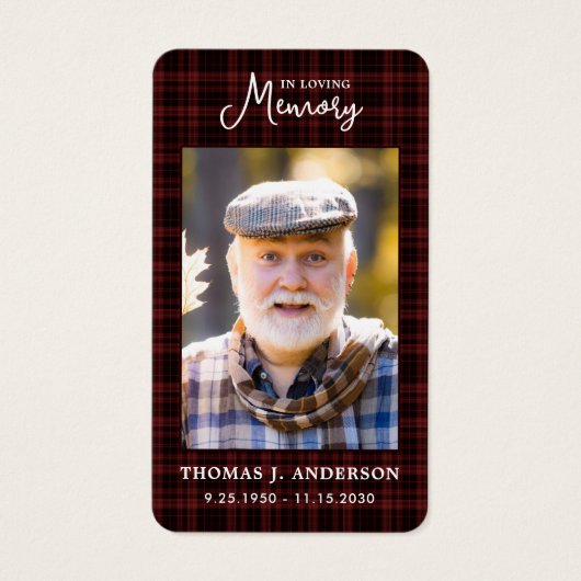 メモリアルブルガンディプレイドフォト葬儀祈りの言葉カード (正面)