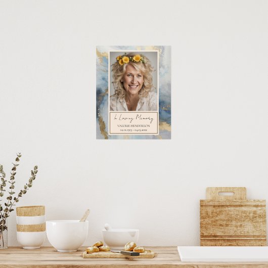 メモリアルブルーと金ゴールドフォト葬儀へようこそ ポスター (キッチン)