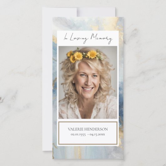 メモリアルブルーと金ゴールドフォト葬儀ブックマーク サンキューカード (正面)