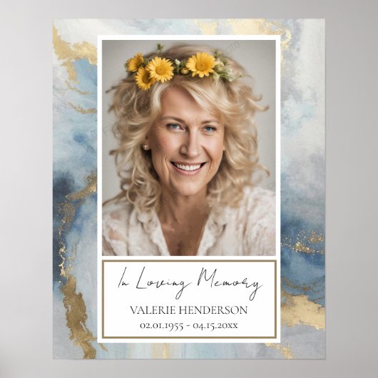 メモリアルブルーと金ゴールド写真葬儀歓迎サイト ポスター (正面)