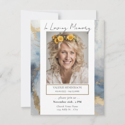 メモリアルブルーと金ゴールド写真葬儀 招待状 (正面)
