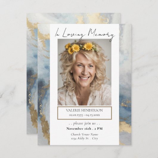 メモリアルブルーと金ゴールド写真葬儀 招待状 (正面/裏面)
