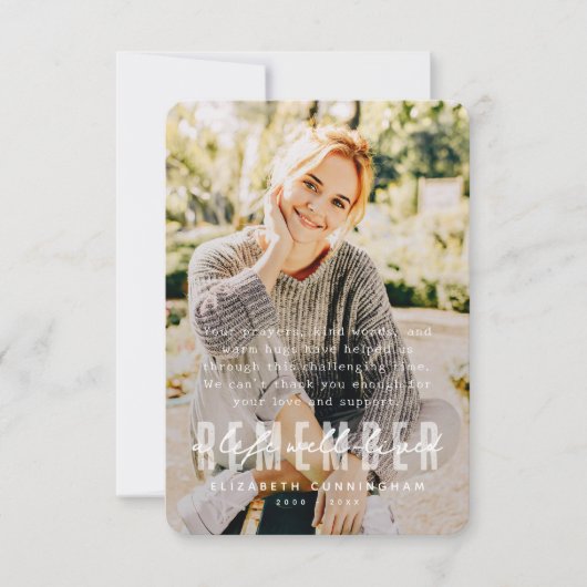 メモリアルモダン思い出シンプルすエレガントる写真 サンキューカード (正面)