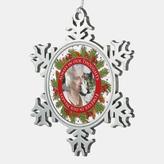 メモリアル写真クリスマスパイン大枝ホリー スノーフレークピューターオーナメント (右)