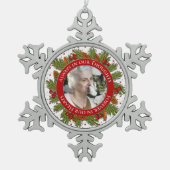 メモリアル写真クリスマスパイン大枝ホリー スノーフレークピューターオーナメント (正面)