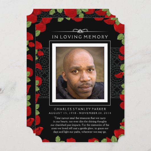 メモリアル写真サンキューカードエレガントブラック花びら 案内状 (正面/裏面)