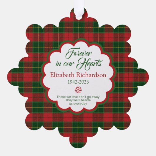 メモリアル写真タータンチェックプライド松の枝クリスマス オーナメントカード (裏面)