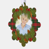 メモリアル写真タータンチェックプライド松の枝クリスマス オーナメントカード (左)