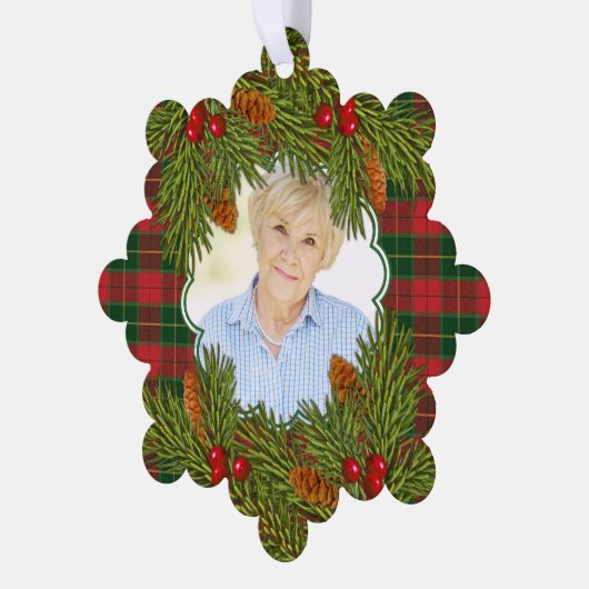 メモリアル写真タータンチェックプライド松の枝クリスマス オーナメントカード (左)
