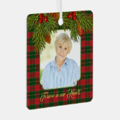 メモリアル写真タータンチェックプライド松の枝クリスマス メタルオーナメント (正面右)