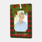 メモリアル写真タータンチェックプライド松の枝クリスマス メタルオーナメント (正面左)
