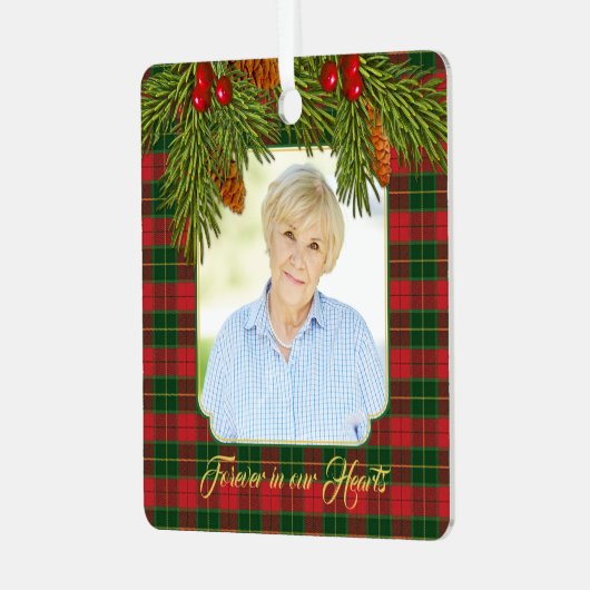 メモリアル写真タータンチェックプライド松の枝クリスマス メタルオーナメント (正面左)