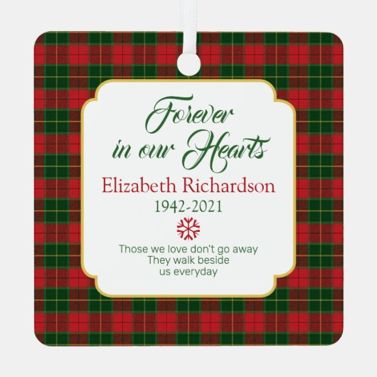 メモリアル写真タータンチェックプライド松の枝クリスマス メタルオーナメント (裏面)