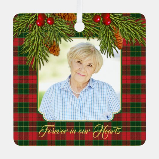 メモリアル写真タータンチェックプライド松の枝クリスマス メタルオーナメント (正面)