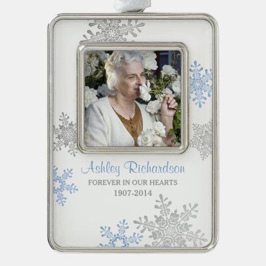 メモリアル写真テンプレートクリスマスブルーシルバー シルバープレートフレームオーナメント (正面)