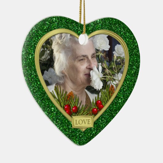 メモリアル写真パイン枝の果実グリーンクリスマス セラミックオーナメント (右)