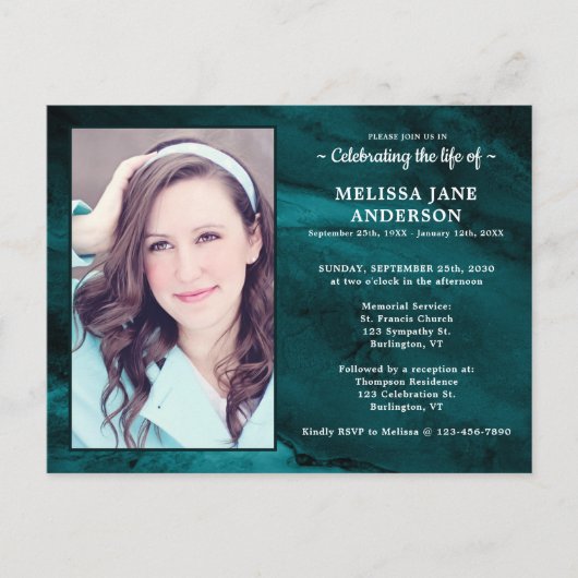メモリアル写真マーブルグリーンお祝いオブ・ライフ インビテーションポストカード (正面)