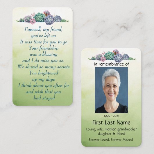 メモリアル写真多肉私の友人のお別れ 名刺 (正面/裏面)