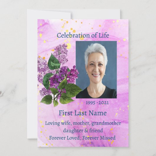 メモリアル写真水彩薄紫ガーデンフラワー 招待状 (裏面)