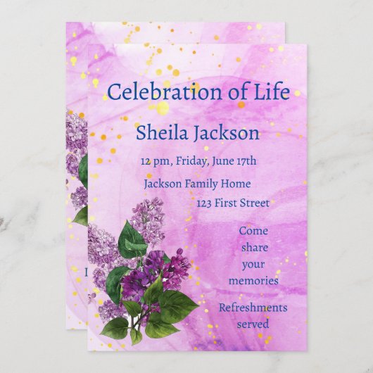 メモリアル写真水彩薄紫ガーデンフラワー 招待状 (正面/裏面)