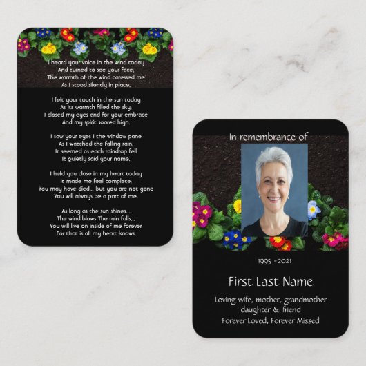 メモリアル写真祈りの言葉ガーデナーガーデニングプリムラ 名刺 (正面/裏面)