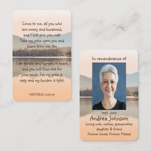 メモリアル写真祈りの言葉平和な穏やかな湖ショア 名刺 (正面/裏面)