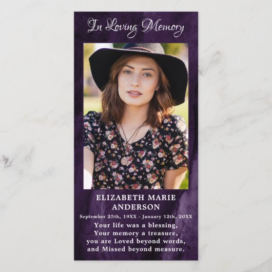 メモリアル悔やみや弔慰写真葬儀祈りの言葉カードパープル (正面)