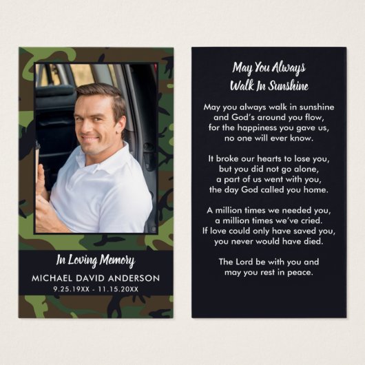 メモリアル悔やみや弔慰写真迷彩柄葬儀祈りの言葉カード (正面&裏面)