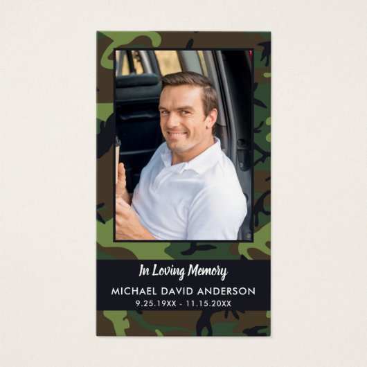 メモリアル悔やみや弔慰写真迷彩柄葬儀祈りの言葉カード (正面)