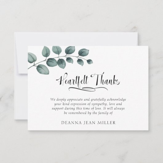 メモリアル感謝していハートフェル水の色の葉緑色 サンキューカード (正面)