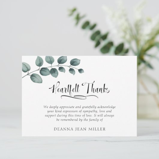 メモリアル感謝していハートフェル水の色の葉緑色 サンキューカード (スタンド正面)