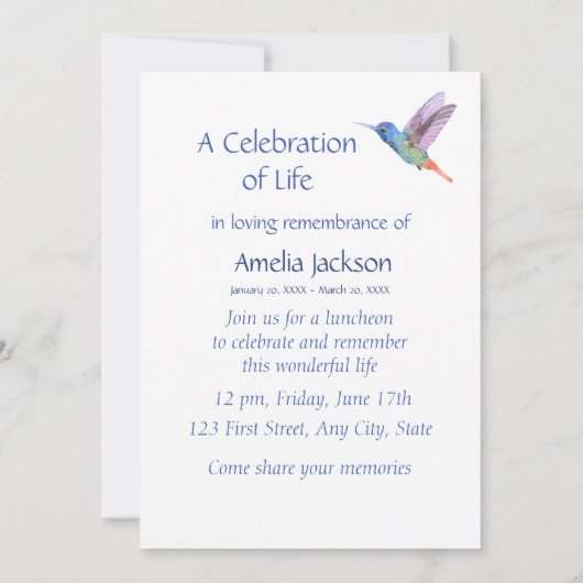 メモリアル招待状ハミングバードホワイト花 招待状 (裏面)