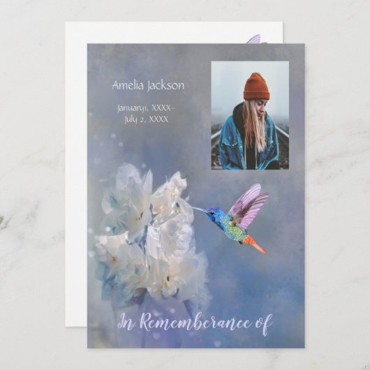 メモリアル招待状ハミングバードホワイト花 招待状 (正面/裏面)