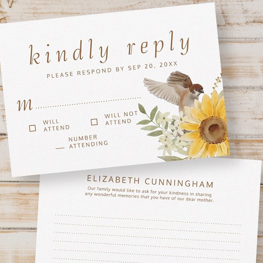 メモリアル水彩ひまわり親切に返信 出欠カード