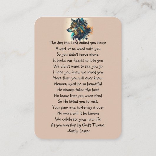 メモリアル祈りの言葉ウルフ自然動物 名刺 (裏面)