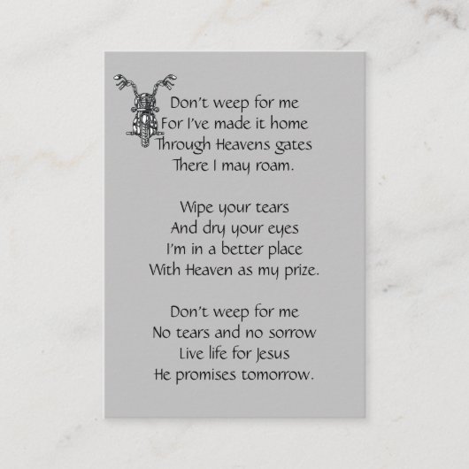 メモリアル祈りの言葉オートバイバイクもしくは自転車に乗る人クリスチャン 名刺 (正面)