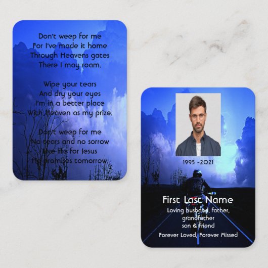 メモリアル祈りの言葉オートバイバイクもしくは自転車に乗る人クリスチャン 名刺 (正面/裏面)