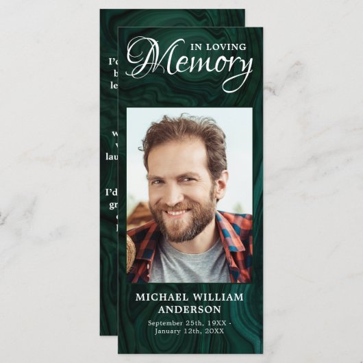 メモリアル祈りの言葉カードエメラルドグリーン葬儀写真 メニュー (正面/裏面)