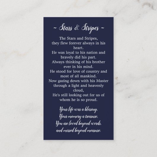 メモリアル祈りの言葉カードスターストライプ&詩USフラグ コーリングカード (裏面)