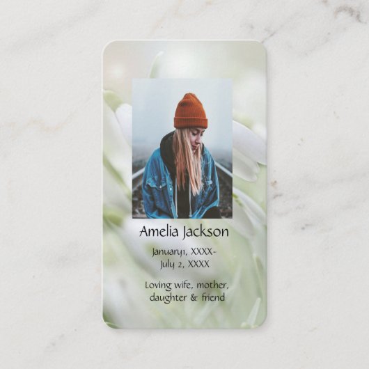 メモリアル祈りの言葉カードスノードロップガーデンフラワー 名刺 (正面)