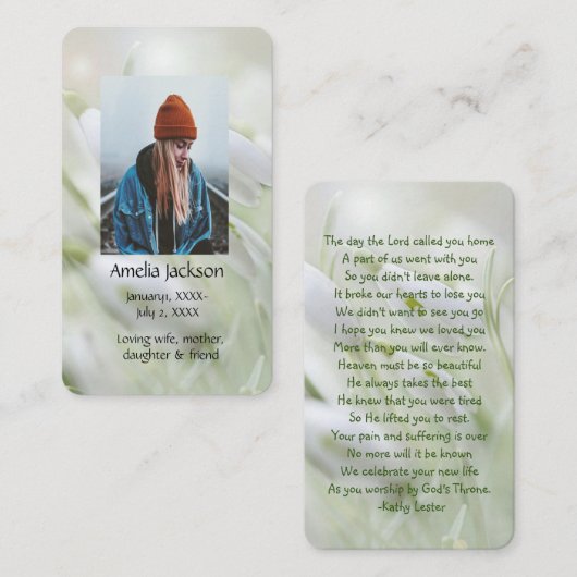 メモリアル祈りの言葉カードスノードロップガーデンフラワー 名刺 (正面/裏面)