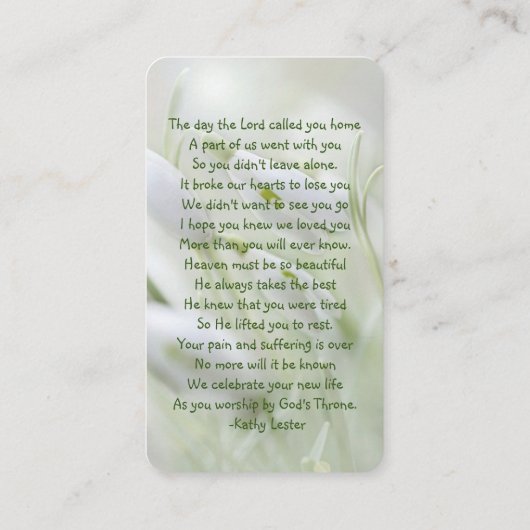 メモリアル祈りの言葉カードスノードロップガーデンフラワー 名刺 (裏面)