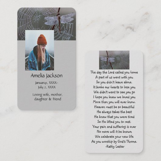 メモリアル祈りの言葉カードドラゴンフライ 名刺 (正面/裏面)