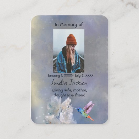 メモリアル祈りの言葉カードハミングバードホワイト花 名刺 (正面)