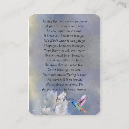 メモリアル祈りの言葉カードハミングバードホワイト花 名刺 (裏面)