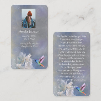 メモリアル祈りの言葉カードハミングバードホワイト花 名刺