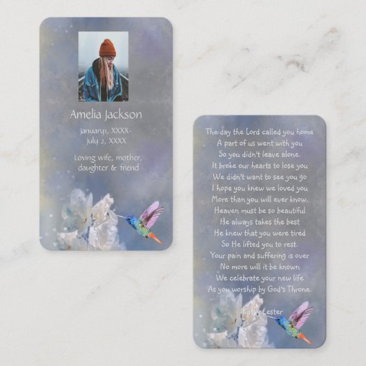 メモリアル祈りの言葉カードハミングバードホワイト花 名刺 (正面/裏面)