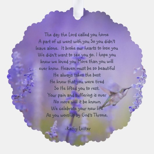 メモリアル祈りの言葉カードハミングバードラベンダーフラワー オーナメントカード (裏面)