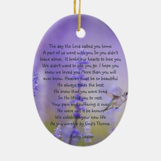 メモリアル祈りの言葉カードハミングバードラベンダーフラワー セラミックオーナメント (裏面)
