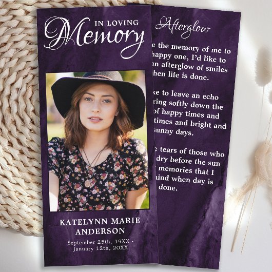 メモリアル祈りの言葉カードフォトパープル大理石葬儀